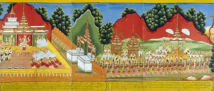 Le roi Suddhodana demande aux brahmanes d'interpréter le rêve de la reine Maha-Maya. 10 mois lunaires après la conception, elle quitte le palais pour Devadaha afin de pouvoir accoucher.