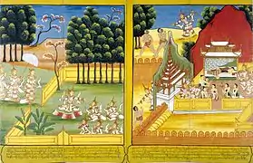 Le Deva Setaketu se rend au parc Nanda afin de renaître. Pendant ce temps, la reine Maha-Maya rêve que le Deva Setaketu, sous la forme d'un éléphant blanc, rentre en elle.