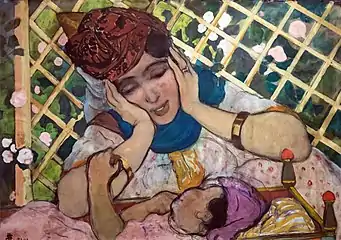 Jeune femme admirant son enfant - André Suréda