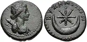 monnaie de Byzance, époque romaine (1er siècle), un buste d'Artemis coté face, et au revers une étoile à huit branches dans un croissant.