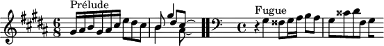 
\version "2.18.2"
\header {
  tagline = ##f
}
\score {
  \new Staff \with {
%fontSize = #-2
  }
<<
  \relative c'' {
    \key gis \minor
    \time 6/8
     %% INCIPIT CBT I-18, BWV 863, sol-dièse mineur
     s4*0^\markup{Prélude} gis16 ais b gis ais cis e8 dis cis | \once \override Staff.TimeSignature #'stencil = ##f \time 7/8 << { b8 gis'4 } \\ { b,4 ais8*3~ \hideNotes ais4 } \\ { s8 dis8[ cis8*3~] \hideNotes cis4 } >> \bar ".."
     \skip 16*1
     \override Staff.Clef.extra-offset = #'( -1 . 0 )
     \time 4/4 
     \clef bass
     \relative c' { \partial 1 r4^\markup{Fugue} gis4 fisis8 gis16 ais b8 ais gis cisis dis fis,
{ 
 % suppression des warnings :
 #(ly:set-option 'warning-as-error #f)
 #(ly:expect-warning (_ "stem does not fit in beam")) %% <= à traduire éventuellement
 #(ly:expect-warning (_ "beam was started here")) %% <= à traduire éventuellement
  \set stemRightBeamCount = #1
  gis4*1/2[ s]
}
}
  }
>>
  \layout {
     \context { \Score \remove "Metronome_mark_engraver" 
     \override SpacingSpanner.common-shortest-duration = #(ly:make-moment 1/2) 
}
  }
  \midi {}
}
