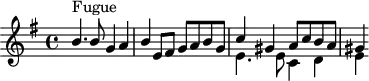 
\version "2.18.2"
\header {
  tagline = ##f
  % composer = "Johann Pachelbel"
  % opus = "Prélude et fugue en mi mineur, P 416"
  % meter = ""
}
\score {
<<
  \relative c'' {
    \key e \minor
    \time 4/4
    \override TupletBracket #'bracket-visibility = ##f 
     s8*0^\markup{Fugue}
     << { b4. b8 g4 a | b e,8 fis g a b g | c4 gis a8 c b a gis4 } \\ { s1*2 | e4. e8 c4 d | e } >>
  }
>>
  \layout {
     #(layout-set-staff-size 17)
     \context { \Score \remove "Metronome_mark_engraver" 
     \override SpacingSpanner.common-shortest-duration = #(ly:make-moment 1/2)
     }
  }
}
