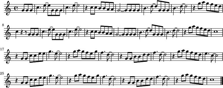 
\new Staff {
  \relative c'' {
    \key c \major
    \time 4/4
    \partial 4.
    g8 g g
    c4. e8~ e g, g g \noBreak
    c4. e8~ e2 \noBreak
    r4 c8 c b b a a \noBreak
    g2~ g8 g g g \noBreak
    b4. d8~ d g, g g \noBreak
    b4. d8~ d2 \noBreak
    r4 g8 a g f e d \break
    c4 r r8 g g g \noBreak
    c4. e8~ e g, g g \noBreak
    c4. e8~ e2 \noBreak
    r4 c8 c b b a a \noBreak
    g2~ g8 g g g \noBreak
    b4. d8~ d g, g g \noBreak
    b4. d8~ d2 \noBreak
    r4 g8 a g f e d \noBreak
    c1  \break
    r4 g8 g c c e e \noBreak
    g4. e8~ e2 \noBreak
    r4 g8 a g f e g \noBreak
    f4. d8~ d2 \noBreak
    r4 g,8 g b b d d \noBreak
    f4. d8~ d2 \noBreak
    r4 g8 a g f e d \noBreak
    e4. c8~ c2 \break
    r4 g8 g c c e e \noBreak
    g4. e8~ e2 \noBreak
    r4 g8 a g f e g \noBreak
    f4. d8~ d2 \noBreak
    r4 g,8 g b b d d \noBreak
    f4. d8~ d2 \noBreak
    r4 g8 a g f e d \noBreak
    c1 \bar "|."
  }
}
