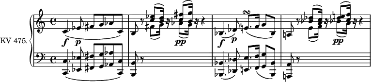 
\version "2.14.2"
\header {
  tagline = ##f
}
upper = \relative c' {
         \clef "treble"
         \tempo "Adagio"
         \key c \major
         \time 4/4
         \set Staff.midiInstrument = #"piano"
       c4.\f (ees8\p fis g aes c,)
      \stemUp b r8 < c' ees> ^(< b d>16) r16 <c fis>8 ^(<b g'>16) r16 r4
      bes,4.\f (des8)\p e!8.\turn (f16 g8 bes,)
      a!8 r8 < bes' des> ^(< a c>16) r16 <des e!>8 ^ (<c f>16)  r16 r4
}
lower = \relative c {
         \clef "bass"
         \key c \major
         \time 4/4
         \tempo 4 = 50
         \set Staff.midiInstrument = #"piano"
       <c, c'>4. (<ees ees'>8 <fis fis'> <g g'> <aes aes'>  <c, c'>)
       <b b'> r8 \change Staff = "upper"  \stemDown fis'''8 _(g16) r16 aes8\pp _(g16) r16 \change Staff = "lower" s4
      \stemUp  <bes,,, bes'>4. (<des des'>8) <e! e'>8. <f f'>16 (<g g'>8   <bes, bes'>)
       <a! a'> r8  \change Staff = "upper"  \stemDown e'''8 _(f16) r16 bes!8\pp _(a16) r16 \change Staff = "lower" s4
}
\score {
  \new PianoStaff <<
    \set PianoStaff.instrumentName = #"KV 475."
    \new Staff = "upper" \upper
    \new Staff = "lower" \lower
  >>
  \layout {
    \context {
      \Score
      \remove "Metronome_mark_engraver"
    }
  }
  \midi { }
}
