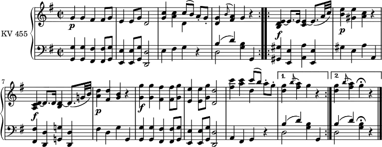 
\version "2.14.2"
\header {
  tagline = ##f
}
upper = \relative c'' {
  \repeat volta 2 {
  \clef treble 
  \key g \major
  \time 2/2
  \tempo 2 = 70
  \tempo "Allegretto"
  \set Staff.midiInstrument = #"piano"
    g4\p g fis fis8 g
    e4 e8 g d2
    <g c>4 <a c>  <<\relative c'' {\stemDown d,4 \stemNeutral }\\ \relative  c'' {\stemUp c8[ ^(b)]}>> a8-. g-.
    <d g>4 \grace b'8 ^(<fis a>4) g r4
  }
  \repeat volta 2 {
    <b, d e>4\f ~ e8. e16 <c e>4 ~ e8. (a32 c)
    <b e>4\p <gis e'> <a c> r4
    <a, c d>4\f ~ d8. d16 <b d>4 ~ d8. (g!32 b)
    <a d>4\p <fis d'> <g b> r4
   <g g'>4\f <g g'> <fis fis'> <fis fis'>8 <g g'>
   <e e'>4 <e e'>8 <g g'> <d d'>2
   <fis' c'>4 <a c> <<\relative c'' {\stemDown d4 \stemNeutral } \\ \relative  c'' {\stemUp c'8[ ^(b)]}>> a8-. g-.
   }
  \alternative { {<d g>4  \grace b'8 ^ (<fis a>4) g  r4 | }
                        {<d g>4  \grace b'8 ^ (<fis a>4) g \fermata  r4 \bar "|." }      
                     }
}
lower = \relative c {
  \clef bass
  \key g\major
  \time 2/2
  \set Staff.midiInstrument = #"piano"
 \repeat volta 2 { <g g'>4  <g g'> <fis fis'> <fis fis'>8 <g g'>
  <e e'>4  <e e'>8  <g g'>  <d d'>2
  e'4 fis g r4
  <<\relative c'' {\stemDown d,,2 \stemNeutral }\\ \relative  c'' {\stemUp b,4  ^(d) }>> <g b>4 g,
 }  
 \repeat volta 2 {
   <gis gis'>4 <e e'> <a a'>  <e e'>
   gis' e a a,
   <fis fis'>4 <d d'> <g! g'!>  <d d'>
   fis' d g g,
   <g g'>4  <g g'> <fis fis'> <fis fis'>8 <g g'>
  <e e'>4  <e e'>8  <g g'>  <d d'>2
  a'4 fis g r4
  }
  \alternative { { <<\relative c'' {\stemDown d,,2 \stemNeutral } \\ \relative  c'' {\stemUp b,4  ^(d) }>> <g' b>4 g, }
                      { <<\relative c'' {\stemDown d,,2 \stemNeutral } \\ \relative  c'' {\stemUp b,4  ^(d) }>> <g' b>4\fermata  r4 \bar "|." }
  }
 }
\score {
  \new PianoStaff <<
    \set PianoStaff.instrumentName = #"KV 455"
    \new Staff = "upper" \upper
    \new Staff = "lower" \lower
  >>
  \layout {
    \context {
      \Score
      \remove "Metronome_mark_engraver"
    }
  }
}
\score {
  \unfoldRepeats
  \new PianoStaff <<
    \set PianoStaff.instrumentName = #"KV 455"
    \new Staff = "upper" \upper
    \new Staff = "lower" \lower
  >>
  \midi { }
}
