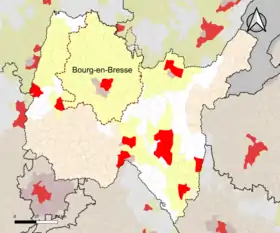 Localisation de l'aire d'attraction de Bourg-en-Bresse dans le département de l'Ain.