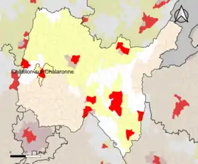 Localisation de l'aire d'attraction de Châtillon-sur-Chalaronne dans le département de l'Ain.