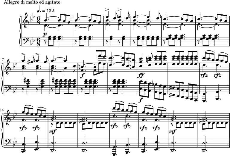 
\version "2.18.2"
\header {
  tagline = ##f
}
upper = \relative c'' {
  \clef treble 
  \key g \minor
  \time 6/8
  \tempo 4. = 132
  %\autoBeamOff
   %%Montgeroult — Étude 111 (pdf p. 197)
   \repeat unfold 2 { << { bes4.~ bes8 a g } \\ { d4.~ d } >> }
   << { \repeat unfold 2 { ees'4-> d8\! } } \\ { < bes ees, >4. < bes ees, > } >>
   << { ees4.~ ees4 d8 } \\ { < bes ees, >4.~ < bes ees, > } >>
   \repeat unfold 2 { << { c4.~ c8 bes a } \\ { ees4.~ ees } >> }
   << { \repeat unfold 2 { a'4-> gis8 } } \\ { < c, a >4. < c a > } >>
   << { a'4.~ a4 s8 b,4.~ b8 f'' ees < d d, >4.~ < d d, >8 < c c, > < b b, > < c g c, >4\ff < d b d, >8 < ees c ees, >8 q q q q q q q q  } \\ { < c, a >4.( a4) c8 f,4.\f f8 f' ees } >>
   \repeat unfold 2 { << { d'8(\rfz c bes) bes(\rfz a g) g(\rfz f ees) ees(\rfz d c) < bes g >2.\mf < a fis > } \\ { d4. d g, g r8 d d d d d c d d d d d } >> }
}
lower = \relative c {
  \clef bass
  \key g \minor
  \time 6/8
   r8^\p \repeat unfold 2 { < bes' g >8 q < bes g >4. r8 } \repeat unfold 2 { < bes g >4 r8 }
    < bes g >8 q \repeat unfold 3 { < bes g >8 }
   \repeat unfold 2 { d,8\rest < c' a g >8 q < c a g >4. }
   r8 < fis c g >4 r8 < fis c g! >4 r8 < fis c g >8 < fis c g > \repeat unfold 3 { < fis c g >8 }
   \repeat unfold 2 { r8 < f d g, >8 q q4. }
   < ees ees, >8\f < d d, > < c c, > < bes! bes, > < a a, > < g g, > < fis fis, > < ees ees, > < d d, > < c c, > < bes bes, > < a a, >
   \repeat unfold 2 { < g g, >4. < bes bes, > < c c, > < ees ees, > < d d, >2. q }
}
  \header {
    piece = "Allegro di molto ed agitato"
  }
\score {
  \new PianoStaff <<
    \new Staff = "upper" \upper
    \new Staff = "lower" \lower
  >>
  \layout {
    \context {
      \Score
      %\remove "Metronome_mark_engraver"
    }
  }
  \midi { }
}
