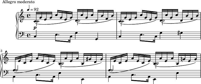 
\version "2.18.2"
\header {
  tagline = ##f
}
upper = \relative c' {
  \clef treble 
  \key c \major
  \time 4/4
  \tempo 4 = 92
  \override TupletBracket.bracket-visibility = ##f
   %%Montgeroult — Étude 2 (pdf p. 18)
   s4*0\p \repeat unfold 2 { << { c16_( g' e g c g e g) d_( c' g c d, b' f b) } \\ { c,2 d } >> }
   << { \change Staff = "lower" \stemDown a16_( \change Staff = "upper" e'16 c e a e c e) b_( a' e a b, gis' d gis) } \\ { s2 b,2 } >>
   << { \change Staff = "lower" \stemDown a16_( \change Staff = "upper" e'16 c e a e c e) b_( a' e a b, g'! e g) } \\ { s2 b,2 } >>
}
lower = \relative c {
  \clef bass
  \key c \major
  \time 4/4
   c4 e8. c16 g'4 g, c4 e8. c16 g'4 gis
   << {s2 } \\ { a,4 c8. a16 e'4 e, } \\ { a'2 } >> % merci pour la solution élégante !
   << {s2 } \\ { a,4 c8. a16 e4 e'~ } \\ { a2 } >>
}
  \header {
    piece = "Allegro moderato"
  }
\score {
  \new PianoStaff <<
    \new Staff = "upper" \upper
    \new Staff = "lower" \lower
  >>
  \layout {
    \context {
      \Score
    }
  }
  \midi { }
}
