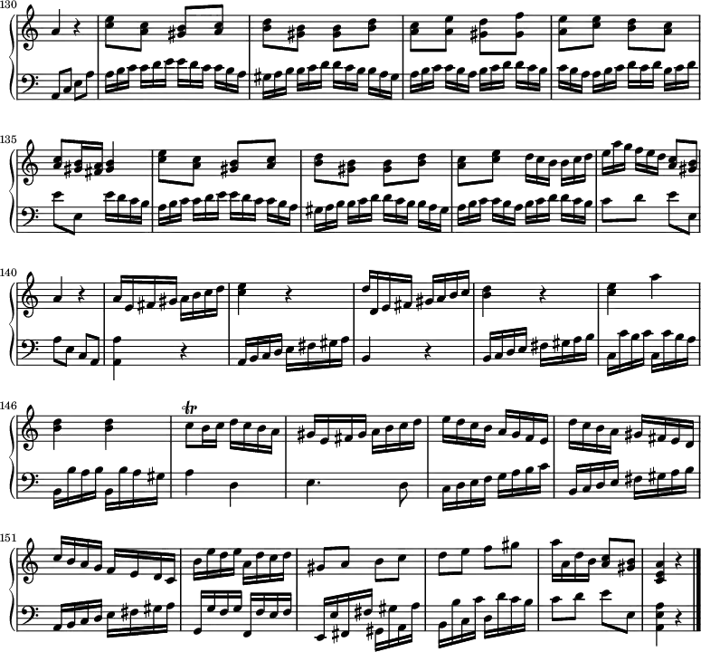 
\version "2.18.2"
\header {
  tagline = ##f
  % composer = "Domenico Scarlatti"
  % opus = "K. 61"
  % meter = ""
}
%% les petites notes
trillCq       = { \tag #'print { c8\trill } \tag #'midi { d32 c d c } }
upper = \relative c'' {
  \clef treble 
  \key a \minor
  \time 2/4
  \tempo 4 = 88
  \omit Staff.TimeSignature
  \set Staff.midiInstrument = #"harpsichord"
  \override TupletBracket.bracket-visibility = ##f
  \omit TupletNumber
      % ms. 130
      a4 r4  |
      % ms. 131
      < c e >8 < a c > < gis b > < a c > | < b d > < gis b > q < b d > |
      % ms. 133
      < a c >8 < a e' > < gis d' > < gis f' > | < a e' > < c e > < b d > < a c > | < a c > < gis b >16 < fis a > < gis b >4 | 
      % ms. 136
      < c e >8 < a c > < gis b > < a c > | < b d > < gis b > q < b d > | < a c > < c e >  \times 2/3 { d16[ c b]  b16 c d  } \times 2/3 { e16[ a g] f16 e d } < a c >8 < gis b >  | a4 r4 |
      % ms. 141
      a16 e fis gis a b c d | < c e >4 r4 | d16 d, e fis gis a b c | < b d >4 r4 | < c e >4  a' | < b, d > q |
      % ms. 147
      \trillCq b16 c d c b a | gis e fis gis a b c d | e d c b  a g f e | d' c b a gis fis e d | c' b a g f e d c |
      % ms. 152
      b'16 e d e  a, d c d | gis,8 a b c d e f gis | a16 a, d b < a c >8   \tempo 4 = 60 < gis b > |   \tempo 4 = 40 < c, e a >4 r4 \bar "|." 
}
lower = \relative c' {
  \clef bass
  \key a \minor
  \time 2/4
  \omit Staff.TimeSignature
  \set Staff.midiInstrument = #"harpsichord"
  \override TupletBracket.bracket-visibility = ##f
  \set Score.currentBarNumber = #130
  \omit TupletNumber
    \bar ""
      % ms. 130
    % ************************************** \appoggiatura a16  \repeat unfold 2 {  } \times 2/3 { }   \omit TupletNumber 
      a,8 c e a  |  \times 2/3 { a16 b c  c16[ d e] }  \times 2/3 { e16 d c  c16[ b a] }  |  \times 2/3 { gis16 a b b16[ c d] }  \times 2/3 { d16 c b  b16[ a gis] } |
      % ms. 133
      \times 2/3 { a16 b c c16[ b a] }  \times 2/3 { b16 c d  d16[ c b] }  | \times 2/3 { c16 b a a16[ b c] }  \times 2/3 { d16 c d  b16[ c d] }   | e8 e, e'16 d c b | 
      % ms. 136
      \times 2/3 { a16 b c  c16[ d e] }  \times 2/3 { e16 d c  c16[ b a] }  |  \times 2/3 { gis16 a b b16[ c d] }  \times 2/3 { d16 c b  b16[ a gis] } | \times 2/3 { a16 b c c16[ b a] }  \times 2/3 { b16 c d  d16[ c b] } 
      % ms. 139
      c8 d e e, | a e c a | < a a' >4 r4 | 
      % ms. 142
      a16 b c d e fis gis a | b,4 r4 | b16 c d e fis gis a b | c, c' b c c, c' b a | b, b' a b b, b' a gis |
      % ms. 147
      a4 d, | e4. d8 | c16 d e f g a b c | b, c d e fis gis a b | a, b c d e fis gis a | 
      % ms. 152
      g,16 g' f g f, f' e f | e, e' fis, fis' gis, gis' a, a' | b, b' c, c' d, d' c b | c8 d e e, | < a, e' a >4-\tweak stencil ##f \p r4 |
}
thePianoStaff = \new PianoStaff <<
    %\set PianoStaff.instrumentName = #"Clav."
    \new Staff = "upper" \upper
    \new Staff = "lower" \lower
  >>
\score {
  \keepWithTag #'print \thePianoStaff
  \layout {
      indent = #0
      #(layout-set-staff-size 17)
    \context {
      \Score
      \override SpacingSpanner.common-shortest-duration = #(ly:make-moment 1/2)
      \remove "Metronome_mark_engraver"
      \remove "Time_signature_engraver"
    }
  }
}
\score {
  \keepWithTag #'midi \thePianoStaff
  \midi { }
}
