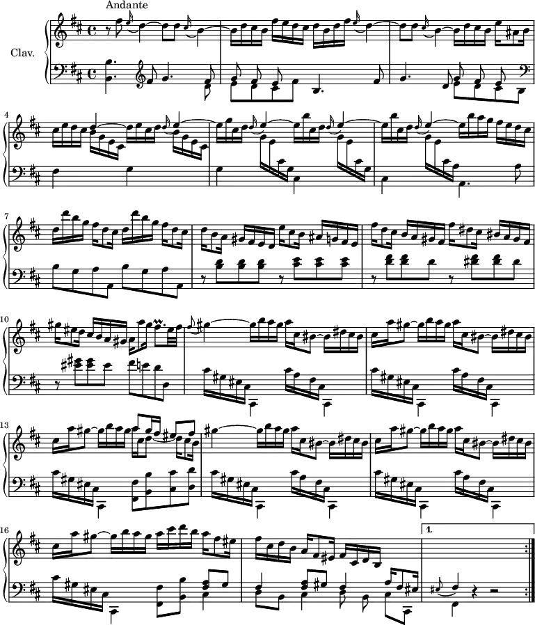 
\version "2.18.2"
\header {
  tagline = ##f
  % composer = "Domenico Scarlatti"
  % opus = "K. 197"
  % meter = "Allegro"
}
%% les petites notes
trillFisp     = { \tag #'print { fis8.\prall } \tag #'midi { gis64 fis gis fis~ fis8 } }
appoEisFis    = { \tag #'print { \appoggiatura eis8 fis4 } \tag #'midi { eis4 fis8  } }
appoFisGis    = { \tag #'print { \appoggiatura fis8 gis4~ } \tag #'midi { fis8. gis16~  } }
appoED        = { \tag #'print { \appoggiatura e16 d4~ } \tag #'midi { e16 d8.~  } }
appoCisB      = { \tag #'print { \appoggiatura cis16 b4~ } \tag #'midi { cis16 b8.~  } }
appoDE        = { \tag #'print { \appoggiatura d16 \stemUp e4~ } \tag #'midi { d16 e8.~  } }
upper = \relative c'' {
  \clef treble 
  \key b \minor
  \time 4/4
  \tempo 4 = 69
  \set Staff.midiInstrument = #"harpsichord"
  \override TupletBracket.bracket-visibility = ##f
 \repeat volta 2 {
      s8*0^\markup{Andante}
      r8 fis8 \appoED d8 d \appoCisB | b16 d cis b fis' e d cis d b d fis \appoED | d8 d \appoCisB b16 d cis b e ais,8 b16 | 
      % ms. 4
      cis16 e d cis \stemUp d4~ \stemNeutral  d16 e cis d \appoDE \stemNeutral | e16 g cis, d \appoDE \stemNeutral e16 b' cis, d \appoDE \stemNeutral | e16 b' cis, d \appoDE \stemNeutral e16 b' a g fis e d cis |
      % ms. 7
      \repeat unfold 2 { d16 d' b g fis d8 cis16 } | d16 b8 a16  gis fis e d  e'16 cis8 b16  ais g fis e | fis'16 d8 cis16  b a gis fis  fis'16 dis8 cis16  bis a gis fis |
      % ms. 10
      gis'16 eis8 d16  cis b a gis  a16 a'8 gis16 \trillFisp eis32 fis | \appoFisGis gis16 b a gis a cis, bis8~ bis16 dis cis bis | cis a' gis8~ gis16 b a gis a cis, bis8~ bis16 dis cis bis |
      % ms. 13
      cis16 a' gis8~ gis16 b a gis << { a8 gis16 fis eis8 fis } \\ { a16 cis, d8~ d16 cis8 b16 } >> | gis'4~ gis16 b a gis a cis, bis8~ bis16 dis cis bis | cis a' gis8~ gis16 b a gis a cis, bis8~ bis16 dis cis bis |
      % ms. 16
      cis16 a' gis8~ gis16 b a gis a cis d b a fis8 eis16 | fis cis d b a fis8 eis16 fis cis d b \stemUp \change Staff = "lower" a fis8 eis16    }%repet
      \alternative {
       { \appoEisFis r4 r2 } 
       {}
       %%{ fis16 b ais \stemDown \change Staff = "upper" d \stemNeutral cis16 gis' fis b }
      }
      % ms. 19 suite
      %%ais16 d cis fis e d cis b | fis2. r8 d'8 | 
}
lower = \relative c' {
  \clef bass
  \key b \minor
  \time 4/4
  \set Staff.midiInstrument = #"harpsichord"
  \override TupletBracket.bracket-visibility = ##f
  \repeat volta 2 {
    % ************************************** \appoggiatura a16  \repeat unfold 2 {  } \times 2/3 { }   \omit TupletNumber 
      < b, b' >4.   \clef treble  fis''8 g4. << { fis8 | g fis e } \\ { d8 | e d cis fis } >> b,4. fis'8 | g4. d8 << { g8 fis e } \\ { e8 d cis b } >> |   \clef bass
      % ms. 4
      fis4 \repeat unfold 2 { \stemDown \change Staff = "upper"  b'16 g e cis | \change Staff = "lower"  g4 } \repeat unfold 2 {  \stemDown \change Staff = "upper"  g'16 e \change Staff = "lower" cis g cis,4 } \stemDown \change Staff = "upper"  g''16 e  \stemNeutral \change Staff = "lower" cis a a,4. a'8 |
      % ms. 7
      \repeat unfold 2 { b8 g a a, } | r8 < b' d >8 q q r8 < cis e >8 q q | r8 < d fis >8 q d r8 < dis fis >8 q dis |
      % ms. 10
      r8 < eis gis >8 q eis8 fis e d d, | \repeat unfold 2 { cis'16 gis eis cis cis,4 cis''16 a fis cis cis,4  }
      % ms. 13
      cis''16 gis eis cis cis,4 < fis fis' >8 < b b' > < cis cis' > < d d' > | \repeat unfold 2 { cis'16 gis eis cis cis,4 cis''16 a fis cis cis,4  }
      % ms. 16
      cis''16 gis eis cis cis,4 < fis fis' >8 < b b' > << { \repeat unfold 2 {  < fis' a >8 gis | fis4 } } \\ { cis4 | d8 b cis4 d8 b } >> \stemDown cis cis,  }%repet
      \alternative {
       { \grace s8 fis4 r4 r2 }
       {}
       %%{ fis4 r4 r2 } 
      }
      % ms. 20
      %%\stemNeutral fis16 b ais16 d cis g' fis b ais d cis fis e d cis b | 
}
thePianoStaff = \new PianoStaff <<
    \set PianoStaff.instrumentName = #"Clav."
    \new Staff = "upper" \upper
    \new Staff = "lower" \lower
  >>
\score {
  \keepWithTag #'print \thePianoStaff
  \layout {
      #(layout-set-staff-size 17)
    \context {
      \Score
     \override SpacingSpanner.common-shortest-duration = #(ly:make-moment 1/2)
      \remove "Metronome_mark_engraver"
    }
  }
}
\score {
 % \unfoldRepeats
  \keepWithTag #'midi \thePianoStaff
  \midi { }
}
