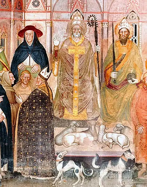 L'archevêque Simone Saltarelli, est représentée aux pieds d'Innocent VI, en train d'admonester Guillaume d'Ockham et Michel de Césène. À gauche et à droite du pape se trouvent le cardinal Albornoz et Charles IV de Luxembourg.