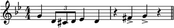 
\relative g' { \key g \minor
\numericTimeSignature\time 4/4
\set Score.tempoHideNote = ##t \tempo 4=180
g4 \times 2/3 {
d8 [ cis8 d8 ] }
ees4 d4 |
r4 fis4-> g4-> r4 
\bar "||" }
