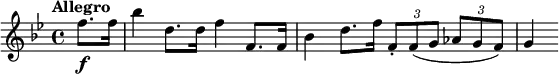 
\relative c'' {
  \version "2.18.2"
  \key bes \major
  \tempo "Allegro"
  \partial 4 f8.\f f16 bes4 d,8. d16 f4 f,8. f16 bes4 d8. f16 \times 2/3 {f,8-. f (g} \times 2/3 {as g f)} g4
}
