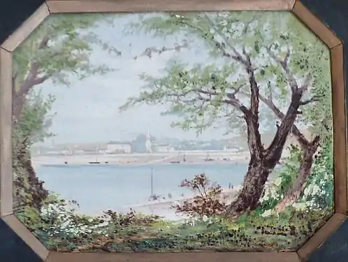 Bénodet vu de Sainte-Marine, peinture sur émail, manufacture Porquier, Loctudy, manoir de Kerazan.