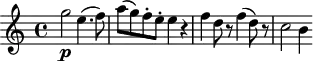 
\version "2.18.2"
\header {
  tagline = ##f
  % composer = "Mozart"
  % opus = "K. 622"
  % meter = "Allegro"
}
\score {
<<
  \relative c'' {
    \key a \minor
    \time 4/4
    \override TupletBracket #'bracket-visibility = ##f 
    %\autoBeamOff
    \tempo 4 = 102
     %%%%%% K622
     g'2\p e4.( f8) a8( g) f-. e-. e4 r4 f4 d8 r8 f4( d8) r8 c2 b4
  }
>>
  \layout {
     #(layout-set-staff-size 17)
     \context { \Score \remove "Metronome_mark_engraver" 
     \override SpacingSpanner.common-shortest-duration = #(ly:make-moment 1/2)
     }
  }
  \midi { \set Staff.midiInstrument = #"clarinet" }
}
