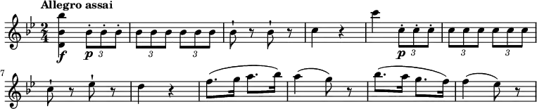 
\relative c'' {
  \version "2.18.2"
  \key bes \major
  \time 2/4
  \tempo "Allegro assai"
   \tempo 4 = 160
  <d, bes' bes'>4 \f  \tuplet 3/2 {bes'8-.\p bes-. bes-. }
   \tuplet 3/2 {bes bes bes}  \tuplet 3/2 {bes bes bes}
   bes8-! r8  bes8-! r8
   c4 r4
   c' \tuplet 3/2 {c,8-.\p c-. c-. }
   \tuplet 3/2 {c c c}  \tuplet 3/2 {c c c}
   c8-! r8 ees-! r8
   d4 r4
   f8. (g16 a8. bes16)
   a4 (g8) r8
   bes8. (a16 g8. f16)
   f4 (ees8) r8
}
