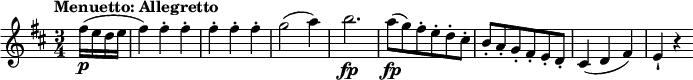 
  \relative c'' {
    \version "2.18.2"
    \key d \major 
    \tempo "Menuetto: Allegretto"
    \time 3/4
    \tempo 4 = 120
    \partial 4  fis16 \p (e d e fis4)
   fis-. fis-.  fis-. fis-. fis-.
   g2 (a4)
   b2.\fp
   a8\fp (g) fis-. e-. d-. cis-.
   b-. a-. g-. fis-. e-. d-.
   cis4 (d fis)
   e-! r4
}
