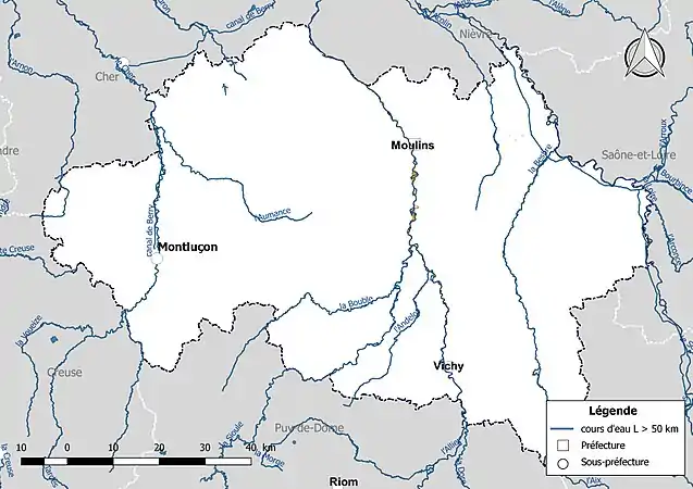 Carte des cours d'eau de longueur supérieure à 50 km de l'Allier.