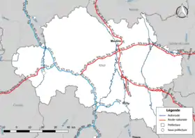 Carte du réseau routier national (autoroutes et routes nationales) dans le département de l'Allier