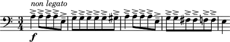 
\version "2.18.2"
\header {
  tagline = ##f
}
\score {
  \new Staff \with {
  }
<<
  \relative c' {
    \clef bass
    \key a \minor
    \time 3/4
    \override TupletBracket #'bracket-visibility = ##f 
     %%% Prélude thème 1
     a4-- ->\f^\markup{ \italic "non legato"} a8-- -> a-- -> a-- -> e-- -> g-- -> g-- -> g-- -> g-- -> g-- -> gis-- -> a4-- -> a8-- -> a-- -> a-- -> e-- -> g-- -> g-- -> fis-- -> fis-- -> f-- -> f-- -> e4
  }
>>
  \layout {
     \context { \Score 
     \override SpacingSpanner.common-shortest-duration = #(ly:make-moment 1/3)
     \remove "Metronome_mark_engraver" }
  }
  \midi { \tempo 4 = 120 }
}
