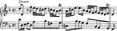 
\version "2.18.2"
\header {
  tagline = ##f
  % composer = "Domenico Scarlatti"
  % opus = "K. 90"
  % meter = "Grave"
}
%% les petites notes
trillBesq     = { \tag #'print { bes8\trill } \tag #'midi { c64 bes c bes~ bes16 } }
trillEq     = { \tag #'print { e8\trill } \tag #'midi { f64 e f e~ e16 } }
upper = \relative c'' {
  \clef treble 
  \key d \minor
  \time 4/4
  \tempo 4 = 52
  \set Staff.midiInstrument = #"harpsichord"
  \override TupletBracket.bracket-visibility = ##f
      s8*0^\markup{Grave}
      d8 d, r8 f'8 e32 d cis16 d8 c32 bes a16 \trillBesq | a32 cis e8.~ e8. bes16 a32 g f16 g8 f32 e d16 \trillEq |
      % ms. 3
      d4
}
lower = \relative c' {
  \clef bass
  \key d \minor
  \time 4/4
  \set Staff.midiInstrument = #"harpsichord"
  \override TupletBracket.bracket-visibility = ##f
    % ************************************** \appoggiatura a16  \repeat unfold 2 {  } \times 2/3 { }   \omit TupletNumber 
      d8 d,16 e f8 d a' bes fis g | cis, bes' a g f bes, a g |
      % ms. 3
      f8 s8
}
thePianoStaff = \new PianoStaff <<
    \set PianoStaff.instrumentName = #""
    \new Staff = "upper" \upper
    \new Staff = "lower" \lower
  >>
\score {
  \keepWithTag #'print \thePianoStaff
  \layout {
      #(layout-set-staff-size 17)
    \context {
      \Score
     \override SpacingSpanner.common-shortest-duration = #(ly:make-moment 1/2)
      \remove "Metronome_mark_engraver"
    }
  }
}
\score {
  \keepWithTag #'midi \thePianoStaff
  \midi { }
}
