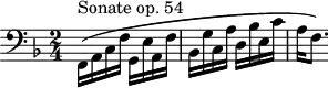 
\version "2.18.2"
\header {
  tagline=##f
}
\score {
  \new Staff \with {
  }
<<
  \relative c {
    \clef bass
    \key f \major
    \time 2/4
    \override TupletBracket #'bracket-visibility = ##f 
    %\autoBeamOff
     %% opus 53
     \stemDown f,16\(^\markup{Sonate op. 54} a c f g, e' a, f' bes, g' c, a' d, bes' e, c' a f8.~\)
  }
>>
  \layout {
     \context { 
       \Score \remove "Metronome_mark_engraver" 
       \override SpacingSpanner.common-shortest-duration = #(ly:make-moment 1/2)
     }
  }
  \midi { \tempo 4=138}
}
