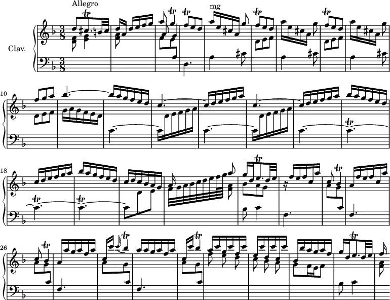 
\version "2.18.2"
\header {
  tagline = ##f
  % composer = "Domenico Scarlatti"
  % opus = "K. 5"
  % meter = "Allegro"
}
%% les petites notes
trillCp     = { \tag #'print { c4.\trill~ } \tag #'midi { \repeat unfold 6 { d32 c~ } } }
trillGp     = { \tag #'print { g4\trill } \tag #'midi { a32 g a g~ g8 } }
trillFq     = { \tag #'print { f8\trill } \tag #'midi { g32 f g f } }
trillFqUp   = { \tag #'print { f'8\trill } \tag #'midi { g32 f g f } }
trillCisqp  = { \tag #'print { cis8.\trill } \tag #'midi { d32 cis d cis~ cis16 } }
trillBesp   = { \tag #'print { bes4\trill } \tag #'midi { c32 bes c bes~ bes8 } }
trillEqp    = { \tag #'print { e8.\trill } \tag #'midi { f32 e f e~ e16 } }
upper = \relative c'' {
  \clef treble 
  \key d \minor
  \time 3/8
  \tempo 4. = 58
  \set Staff.midiInstrument = #"harpsichord"
      s8*0^\markup{Allegro}
      \stemUp d8 \trillCisqp b32 cis | d16[ a] d e f g | << { a8 \trillGp } \\ { \stemUp \shiftOn a,8 g4 } >> | \trillFqUp e8 d | a'16^\markup{mg}[ e cis a] g'8 |  \repeat unfold 2 { \trillFq e8 d | \stemNeutral a'16[ e cis a] g'8 \stemUp } |
      % ms. 10
      f8 g a | bes4.^~ | bes16 a g f e d | c4.^~ | c16 d e f g a | 
      % ms. 15
      c,4.^~ | \repeat unfold 2 { c16 d e f g a | bes a g f e d } | c d c bes a g | << { a16 s16 s8 a'8 } \\ { f,32 g a bes c d e f64 g s8 } >>
      % ms. 22
      << { g16 d \trillEqp d32 e } \\ { bes8 a g } >> r16 \repeat unfold 2 { f'16 e f c a' | c,8 \trillBesp a16 } a' g a f a | c, c' \appoggiatura c32 \trillBesp | a16 a g a f a |
      % ms. 30
      c,16 c' \trillBesp a16 c g c f, c' | e, c' d, c' c, c' | bes, bes' a g a f | g d \trillEqp d32 e | f16
}
lower = \relative c' {
  \clef bass
  \key d \minor
  \time 3/8
  \set Staff.midiInstrument = #"harpsichord"
    % ************************************** \appoggiatura \repeat unfold 2 {  } \times 2/3 { }
      \stemDown \change Staff = "upper" < d f >8 < e g >4 | < f a >8 s4 | f8 e \stemUp \change Staff = "lower" a, | \stemNeutral d,4. | a'4 cis8 | \stemDown \change Staff = "upper" d8 e f | \repeat unfold 2 { \change Staff = "lower" a,4 cis8 | \stemDown \change Staff = "upper"
      % ms. 8
      d8 e f } | g16 a g f e d | \repeat unfold 2 { \change Staff = "lower"  c4.~ | c16 \change Staff = "upper" d e f g a } \change Staff = "lower"
      % ms. 16
      c,4.~ \repeat unfold 3 { \trillCp } c8 \stemDown \change Staff = "upper"  d e | s4 < f a >8 \change Staff = "lower" 
      % ms. 22
      bes,8 c4 | \repeat unfold 4 { f,4. \stemDown \change Staff = "upper" a'8 g \stemUp \change Staff = "lower" c, } | \stemDown \change Staff = "upper" \autoBeamOff
      % ms. 31
      f'8 e d c bes a | \autoBeamOn g8 f16 e f8 | \change Staff = "lower" bes,8 c4 | \stemDown \change Staff = "upper" < f a >8
} 
thePianoStaff = \new PianoStaff <<
    \set PianoStaff.instrumentName = #"Clav."
    \new Staff = "upper" \upper
    \new Staff = "lower" \lower
  >>
\score {
  \keepWithTag #'print \thePianoStaff
  \layout {
      #(layout-set-staff-size 17)
    \context {
      \Score
     \override SpacingSpanner.common-shortest-duration = #(ly:make-moment 1/2)
      \remove "Metronome_mark_engraver"
    }
  }
}
\score {
  \keepWithTag #'midi \thePianoStaff
  \midi { }
}
