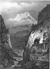 Représentation ancienne en noir et blanc de gorges parcourues par un torrent avec, sur leur versant droit, une route en balcon s'enfonçant dans un tunnel et, dans le fond, une montagne enneigée.