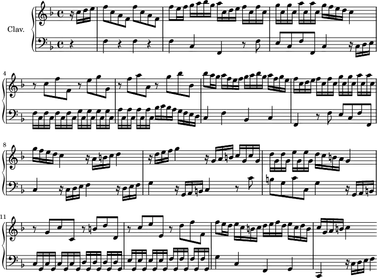 
\version "2.18.2"
\header {
  tagline = ##f
}
%% les petites notes
trillBesp     = { \tag #'print { bes4.\prall } \tag #'midi { c32 bes c bes~ bes4 } }
upper = \relative c'' {
  \clef treble 
  \key f \major
  \time 4/4
  \tempo 4 = 90
  \set Staff.midiInstrument = #"harpsichord"
  \override TupletBracket.bracket-visibility = ##f
      \partial 4
      %s8*0^\markup{Allegro}
      r16 c16 d e | \repeat unfold 2 { f8 c a f } | f'8 e16 f g a bes g a c, d e \repeat unfold 2 { f c }
      % ms. 3
      \repeat unfold 2 { g' c, } \repeat unfold 2 { a' c, } g'16 f e d c4 | r8 c f f, r8 e' g g, r8 f' a a, r8 g' bes bes, 
      % ms. 6
      bes'8 a16 g a f e f g a bes g a f g e | f c d e \repeat unfold 2 { f16 c } \repeat unfold 2 { g' c, } \repeat unfold 2 { a' c, } | g'16 f e d c4  r16 a b c d4
      % ms. 9
      r16 d16 e f g4 r16 g,16 a b \repeat unfold 2 { c16 g } | \repeat unfold 2 { d' g, } \repeat unfold 2 { e' g, } d'16 c b a g4 |   r8 g8 c c, r8 b'8 d d, |
      % ms. 12
      r8 c'8 e e, r8 d'8 f f, | f'8 e16 d e c b c d e f d e c d b | c g a b c4 s4
}
lower = \relative c' {
  \clef bass
  \key f \major
  \time 4/4
  \set Staff.midiInstrument = #"harpsichord"
  \override TupletBracket.bracket-visibility = ##f
    % ************************************** \appoggiatura \repeat unfold 2 {  } \times 2/3 { }
      \repeat unfold 3 { r4 f, } c4 f, r8 f'8 | 
      % ms. 3
      e8 c f f, c'4 r16 c16 d e | \repeat unfold 4 { f16 c } \repeat unfold 4 { g'16 c, } | \repeat unfold 4 { a'16 c, } bes'16 c bes a g f e d |
      % ms. 6
      c4 f bes, c | f, r8 f'8 e c f f, | c'4 r16 c16 d e f4 r16 d16 e f |
      % ms. 9
      g4  r16 g,16 a b c4 r8 c'8 | b g c c, g'4 r16 g,16 a b | \repeat unfold 4 { c16 g } \repeat unfold 4 { d'16 g, } |
      % ms. 12
      \repeat unfold 4 { e'16 g, } \repeat unfold 4 { f'16 g, } | g'4 c, f, g | c, r16 c'16 d e f4
}
thePianoStaff = \new PianoStaff <<
    \set PianoStaff.instrumentName = #"Clav."
    \new Staff = "upper" \upper
    \new Staff = "lower" \lower
  >>
\score {
  \keepWithTag #'print \thePianoStaff
  \layout {
      #(layout-set-staff-size 17)
    \context {
      \Score
     \override SpacingSpanner.common-shortest-duration = #(ly:make-moment 1/2)
      \remove "Metronome_mark_engraver"
    }
  }
}
\score {
  \keepWithTag #'midi \thePianoStaff
  \midi { }
}
