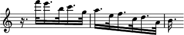 
\version "2.18.2"
\header {
  tagline = ##f
}
\score {
  \new Staff \with {
  }
<<
  \relative c'' {
    \key c \major
    \time 3/8
    \omit Staff.TimeSignature
    \set Staff.midiInstrument = #"harpsichord" 
     %%%%% ms; 115
     r16. f'32 e16. b32 c16. g32 | a16. e32 f16. c32  d16. a32 | b16.
  }
>>
  \layout {
      #(layout-set-staff-size 17)
     \context { \Score \remove "Metronome_mark_engraver" }
  }
  \midi {}
}
