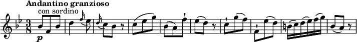 
\relative c' {
     \version "2.18.2"
     \key bes  \major
     \tempo "Andantino granzioso"
     \time 3/8
   bes'8\p ^\markup {con sordino} f bes
   d4 \grace f16 (ees8)
   \grace d16 (c8) bes r8
   c8 (ees g)
   bes, (a) f'-!
   ees (d) r8
   c-! g' (f)
   f,-! ees' (d)
   b16 (c) d (ees) f (g)
   bes,8 (a) r8
  } 
