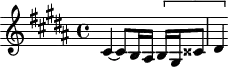 
\version "2.18.2"
\header {
  tagline = ##f
}
\score {
  \new Staff \with {
  }
<<
  \relative c' {
    \clef treble 
    \key gis \minor
    \time 4/4
     %% MOTIF TRITON, fugue CBT I-18, BWV 863, sol-dièse mineur
      \partial 2.
      cis4~ cis8 b16 ais \[ b gis cisis8 dis4 \] 
  }
>>
  \layout {
     \context { \Score \remove "Metronome_mark_engraver" 
     \override SpacingSpanner.common-shortest-duration = #(ly:make-moment 1/2) 
}
  }
  \midi {} 
}
