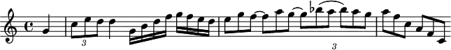 
\header {
  tagline = ##f
}
\score {
  \new Staff \with {
  }
<<
  \relative c'' {
    \key c \major
    \time 4/4
    \override TupletBracket #'bracket-visibility = ##f 
    %\autoBeamOff
     %%%%%%% K15n
     \partial 4 g4 \times 2/3 { c8 e d } d4 g,16 b d f g f e d \times 2/3 { e8 g f~ f a g~ g bes( a bes) a g a f c a f c }
  }
>>
  \layout {
    \context {
      \remove "Metronome_mark_engraver"
    }
  }
  \midi {}
}
