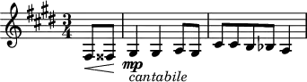 
\version "2.18.2"
\header {
  tagline = ##f
}
\score {
  \new Staff \with {
  }
<<
  \relative c {
    \key e \major
    \time 3/4
    \tempo 4 = 52
    \override TupletBracket #'bracket-visibility = ##f 
     % thème mvt 2
     \partial 4
     fis8\< fisis\! gis4\mp_\markup{\italic "cantabile"} gis a8 gis cis cis b bes a4
  }
>>
  \layout {
     \context { \Score \remove "Metronome_mark_engraver" }
  }
  \midi {}
}
