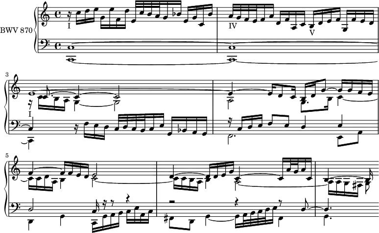 
\version "2.18.2"
\header {
  tagline = ##f
}
upper = \relative c'' {
  \clef treble 
  \key c \major
  \time 2/4
  \tempo 4 = 60
  \set Staff.midiInstrument = #"harpsichord" 
   %% PRÉLUDE CBT II-1, BWV 870, ut majeur — version définitive
   r16-"I" c d e g, e' f, d' e,32 c' b a g16 bes e,[ g c, bes'] | a32-"IV" g f e f16 a d, f a, c b-"V" d e f g, f' e d
   << { e1~_"I" e4~ e16 d8 c16 b d g8~ g16 g f e f4~ f16 f e d e2 d4~ d16 d e g c,4~ c16 a'32 g a16 c, b4~ b16 } \\ { r16 c16 b a g4~ g2 a2 g8. b16 c4~ c16 c d a b4 c2~ | c16 c b a b4 a2~ | a16 a g fis g8 } \\ { s16 c8.~ c4~ c2 } >> % Amélioration : confondre les do de la mesure 3
}
lower = \relative c {
  \clef bass 
  \key c \major
  \time 4/4
  \set Staff.midiInstrument = #"harpsichord" 
    << { c1~  c~ c4 } \\ { c,1~ c~ c4 } >> 
    r16 f'16 e d c32 d c b c16 e g, bes a g
    << { r16 c16 d e f8 e d4 e | d2 c16 r16 r8 r4 r2 r4 r8 d8~ d4. } \\ { f,2. e8 a | d,4 g c,16 g' a b c e a, c fis,8 d g4~ g16 a32 b c d e16 fis,4 g4. } >>
} 
\score {
  \new PianoStaff <<
    \set PianoStaff.instrumentName = #"BWV 870"
    \new Staff = "upper" \upper
    \new Staff = "lower" \lower
  >>
  \layout {
    \context {
      \Score
      \remove "Metronome_mark_engraver"
      \override SpacingSpanner.common-shortest-duration =
        #(ly:make-moment 1/2)
    }
  }
  \midi { }
}
