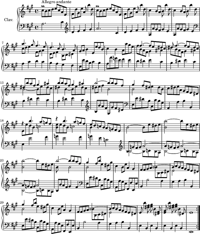 
\version "2.18.2"
\header {
  tagline = ##f
  % composer = "Domenico Scarlatti"
  % opus = "K. 343"
  % meter = "Allegro andante"
}
%% les petites notes
trillCisq       = { \tag #'print { cis8\prall } \tag #'midi { d32 cis d cis } }
upper = \relative c'' {
  \clef treble 
  \key a \major
  \time 4/4
  \tempo 2 = 72
  \repeat volta 2 {
      s8*0^\markup{Allegro andante}
      \repeat unfold 2 { \trillCisq b8 cis d e cis a e |
      % ms. 4
      fis d' gis, e' a, b'4 d,8 } | \repeat unfold 2 { cis4 b8 a b b'4 d,8 } |
      << { a'4. gis8 fis4. e8 | d4. cis8 b4. a8 } 
       \\ { cis8 d e4 fis,8 gis a4 | d,8 e fis4 b,8 cis dis4 } >>
      % ms. 9
      gis8 a b4 e,8 e' d b | cis4 b a8 a' gis e |
      % ms. 11
      << { s8 fis4.~ fis8 e dis cis | dis fis4.~ fis8 e dis cis | dis b' a fis gis4 ais | b8 b a fis gis4 ais | b2~ b8 b a fis | gis4 fis8 dis } 
       \\ { fis8 b, a fis gis4 ais | dis8 b a fis gis4 ais | b2~ b8 e dis cis | dis4 b~ b8 e dis cis | dis e fis4 b,2 | b2 } >>
      % ms. 16 suite
      e4  dis8 b | cis dis e a, gis fis e dis |
      << { r4 b''4. a8 g fis | r4 b4. a8 g fis } 
       \\ { e,8 e' d b c2 | < b e >8 e d b c2 } >>
      % ms. 20
      << { e8 d c b } \\ { b4 } >> a8 g fis e | b'2~ b8 e dis e | \repeat unfold 2 { < b b' >2~ b'8 e, dis e } | 
      % ms. 24
      << { b'2~ b8 b a fis } \\ { b,8 s8  s4 b2 } >> |
      \repeat unfold 2 { << { gis'4 fis8 b } \\ { b,2 e4 } >> dis8 gis | cis,4 b8 e a,4 gis |
      % ms. 27
      fis8 fis gis a 
      << { b2~ | b8 cis b a } \\ { b8 b, cis dis | e2 } >> gis8 fis e dis }%finrepet |
      % ms. 33
      e8 b''4 < dis, fis >8 < e gis > b4 < dis, fis >8 | < e gis > b''4 < dis, fis >8 < e gis > b4 dis,8 | e1 }%repet
}
lower = \relative c' {
  \clef bass
  \key a \major
  \time 4/4
  \repeat volta 2 {
    % ************************************** \appoggiatura a16  \repeat unfold 2 {  } \times 2/3 { }   \omit TupletNumber 
      a2. cis4   \clef treble  | d e fis gis | a2. cis,4 |
      % ms. 4
      d4 e fis gis | \repeat unfold 2 { a,8 a' gis fis gis4 e }   \clef bass | a,4 cis d cis |
      % ms. 8
      b4 a gis fis | e8 e' d b cis4 b | a8 a' g e fis4 e | d dis e cis |
      % ms. 12
      \repeat unfold 3 { b4 dis e cis } \clef treble  | b8 b' a fis gis, gis' fis dis   \clef bass |
      % ms. 16
      e,8 e' dis b cis, cis' b gis | a,4 a' b b, | e e'2 fis4 | g e2 fis4 |
      % ms. 20
      g4 e c2 \clef treble   | << { b8 \repeat unfold 2 { g' fis g a2~ | a8 } g fis g a2 } \\ { \repeat unfold 3 { b,2~ b8 c b a } | } >>
      % ms. 24
      b8 b' a fis gis4 fis   \clef bass  | \repeat unfold 2 { e,8 e' dis b cis, cis' b gis | a, a' gis e fis, fis' e, e' | b4 b'2 a4 |
      % ms. 28
      gis4 a b b, }|
      % ms. 33
      \repeat unfold 4 { e b } | e,1 }%repet
}
thePianoStaff = \new PianoStaff <<
    \set PianoStaff.instrumentName = #"Clav."
    \new Staff = "upper" \upper
    \new Staff = "lower" \lower
  >>
\score {
  \keepWithTag #'print \thePianoStaff
  \layout {
      #(layout-set-staff-size 17)
    \context {
      \Score
     \override TupletBracket.bracket-visibility = ##f
     \override SpacingSpanner.common-shortest-duration = #(ly:make-moment 1/2)
      \remove "Metronome_mark_engraver"
    }
  }
}
\score {
  \unfoldRepeats
  \keepWithTag #'midi \thePianoStaff
  \midi { \set Staff.midiInstrument = #"harpsichord" }
}

