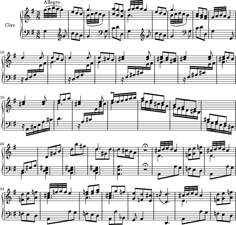 
\version "2.18.2"
\header {
  tagline = ##f
  % composer = "Domenico Scarlatti"
  % opus = "K. 338"
  % meter = "Allegro"
}
%% les petites notes
trillFisqq      = { \tag #'print { fis16\prall } \tag #'midi { \times 2/3 { fis32 g fis} } }
upper = \relative c'' {
  \clef treble 
  \key g \major
  \time 3/8
  \tempo 4. = 62
  \set Staff.midiInstrument = #"harpsichord"
  \override TupletBracket.bracket-visibility = ##f
      s8*0^\markup{Allegro}
      g'32( a b a g4) \stemUp | e8 d c | << { g'4. } \\ { b,32( c d c b4) } >> | < c a' >8 < b g' > < a fis' > | << { g'32 a b a g4 } \\ { b,4. } >>
      % ms. 6
      e8 d c | << { g'4. } \\ { b,32( c d c b4) } >> | < a c >8 < g b > < fis a > | g32 a b a g4 | d'4 d8 | d c b |
      % ms. 12
      d4 d8 | d cis b | < cis e >4 q8 | < cis e >8 < b d > < ais cis > | < cis e >4 q8 | << { e8 d cis } \\ { cis4 } >>
      % ms. 18
      < cis e >4 q8 | << { fis8 g a } \\ { d,4. } >> \stemUp | < cis e >4 q8 | \trillFisqq e16 fis g a b | a8 fis d | b g e | \stemUp  \change Staff = "lower"
      % ms. 24
      cis a fis | d gis b | \stemNeutral   \change Staff = "upper" d gis b | d b' gis | << { \mergeDifferentlyDottedOn d4. } \\ { d8 gis, d'~ | d   \tempo 4. = 42 cis16 b   \tempo 4. = 30 a8 } >>   \tempo 4. = 62 | R4.\fermata | 
      % ms. 31
      \repeat unfold 2 { << { cis32 d e d cis4 } \\ { e,4. } >> | < f d' >8 < g e' > < a f' > } | << { e'32 f g f e4 | < d f >8 < e g > < a f > | e g f } \\ { < a, cis >4. | a < a cis > } >> | 
      % ms. 38
      < g e' >8 < f d' > < e cis' > | \acciaccatura cis'8 < d, d' >4. | << { cis'32 d e d cis4 } \\ { e,4. } >> | < f d' >8 < g e' > < a f' >
}
lower = \relative c' {
  \clef bass
  \key g \major
  \time 3/8
  \set Staff.midiInstrument = #"harpsichord"
  \override TupletBracket.bracket-visibility = ##f
    % ************************************** \appoggiatura a16  \repeat unfold 2 {  } \times 2/3 { }   \omit TupletNumber 
      g4    \repeat unfold 2 { \clef treble g'8 | c b a | g4   \clef bass g,8 | c d d, | g4 }   \tempo 4. = 32
      % ms. 9 suite
      g,8   \tempo 4. = 62 | \repeat unfold 2 { r16 d'16 fis a \stemDown \change Staff = "upper"  d fis | g4. \stemNeutral \change Staff = "lower" } |
      % ms. 12
      \repeat unfold 2 { r16 fis,16 ais cis \stemDown \change Staff = "upper"  e fis | g4.  \stemNeutral \change Staff = "lower" } |
      % ms. 18
      r16 a,,16 cis e a cis | d4. | r16 a16 cis \stemDown \change Staff = "upper" e a cis | d4. | fis16 e d cis b a | g fis e d cis b | \change Staff = "lower"
      % ms. 24
      a16 g fis e d cis | b4. | < b d e gis > q q | < a e' a > | R4.\fermata |  \stemNeutral
      % ms. 31
      \repeat unfold 3 { a8 a' g | f e d } | a a' bes, |
      % ms. 38
      g8 a4 | d,4. | a'8 a' g | f e d 
}
thePianoStaff = \new PianoStaff <<
    \set PianoStaff.instrumentName = #"Clav."
    \new Staff = "upper" \upper
    \new Staff = "lower" \lower
  >>
\score {
  \keepWithTag #'print \thePianoStaff
  \layout {
      #(layout-set-staff-size 17)
    \context {
      \Score
     \override SpacingSpanner.common-shortest-duration = #(ly:make-moment 1/2)
      \remove "Metronome_mark_engraver"
    }
  }
}
\score {
  \keepWithTag #'midi \thePianoStaff
  \midi { }
}
