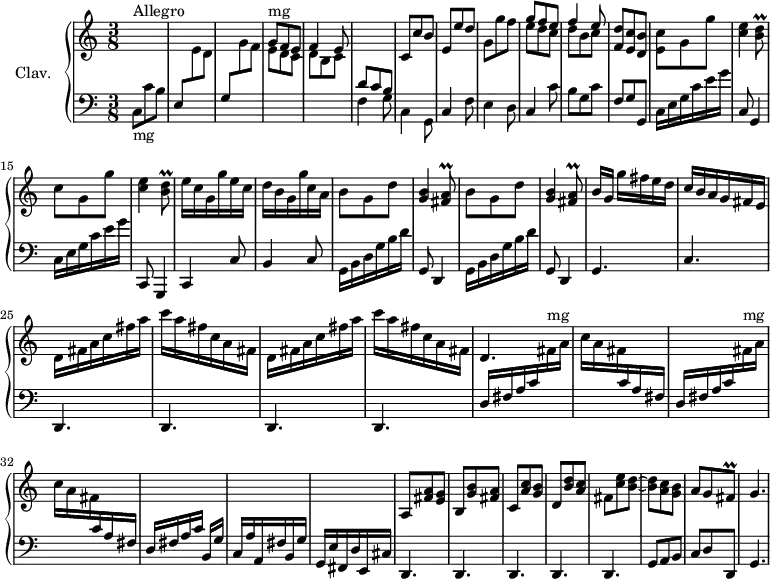 
\version "2.18.2"
\header {
  tagline = ##f
  % composer = "Domenico Scarlatti"
  % opus = "K. 465"
  % meter = "Allegro"
}
%% les petites notes
trillFisAq     = { \tag #'print { < fis a\prall >8 } \tag #'midi { << { fis8 } \\ { b32 a b a } >> } }
trillBDq       = { \tag #'print { < b d\prall >8 } \tag #'midi { << { b8 } \\ { e32 d e d } >> } }
trillFisq      = { \tag #'print { fis8\prall } \tag #'midi { g32 fis g fis } }
upper = \relative c'' {
  \clef treble 
  \key c \major
  \time 3/8
  \tempo 4. = 68
  \set Staff.midiInstrument = #"harpsichord"
  \override TupletBracket.bracket-visibility = ##f
      s8*0^\markup{Allegro}
      s4.*6 | c,8 c' b | e, e' d | 
      % ms. 9
      g,8 g' f | << { g8 f e | f4 e8 } \\ { e8 d c | d b c } >> < f, d' >8 < e c' > < d b' > | < e c' > g g' | < c, e >4 \trillBDq | c8 g g' | < c, e >4 \trillBDq |
      % ms. 17
      e16 c g g' e c | d b g g' c, a | \repeat unfold 2 { b8 g d' | < g, b >4 \trillFisAq } | b16[ g] g' fis e d |
      % ms. 24
      c16 b a g fis e | \repeat unfold 2 { d fis a c fis a | c a fis c a fis } | d4. |
      % ms. 30 -> 36
      s4.*6 | a8 < fis' a > < e g > | b < g' b > < fis a > | c < a' c > < g b > | d < b' d > < a c > | fis < c' e > < b d >~ | q < a c > < g b > | a g \trillFisq | g4. | 
}
lower = \relative c' {
  \clef bass
  \key c \major
  \time 3/8
  \set Staff.midiInstrument = #"harpsichord"
  \override TupletBracket.bracket-visibility = ##f
    % ************************************** \appoggiatura a8  \repeat unfold 2 {  } \times 2/3 { }   \omit TupletNumber 
      c,8-\markup{mg} c' b | e, \stemDown \change Staff = "upper" e' d | \stemUp \change Staff = "lower" g, \stemDown \change Staff = "upper" g' f | 
      << { g8-\markup{mg} f e | f4 e8 }
      \\ { e d c | d b c } >> \change Staff = "lower" << { d8 c b } \\ { f4 g8 } >> | c,4 g8 | \stemNeutral \change Staff = "lower" c4 f8 |
      % ms. 9
      e4 d8 | c4 c'8 | b g c | f, g g, | c16 e g c e g | c,,8 g4 | c16 e g | c16 e g | c,,,8 g4 |
      % ms. 17
      c4 c'8 | b4 c8 | \repeat unfold 2 { g16 b d g b d | g,,8 d4 } | g4. |
      % ms. 24
      c4. | \repeat unfold 4 { d,4. } | \repeat unfold 2 { d'16 fis a c \stemDown \change Staff = "upper"  fis^\markup{mg} a 
      % ms. 30
      c16 a fis \stemUp \change Staff = "lower" c a fis } | d16 fis a c b,[ g'] | c, a' a, fis' b, g' | g, e' fis, d' e, cis' |
      % ms. 36
      \repeat unfold 5 { d,4. } | g8 a b | c d d, | g4. |
}
thePianoStaff = \new PianoStaff <<
    \set PianoStaff.instrumentName = #"Clav."
    \new Staff = "upper" \upper
    \new Staff = "lower" \lower
  >>
\score {
  \keepWithTag #'print \thePianoStaff
  \layout {
      #(layout-set-staff-size 17)
    \context {
      \Score
     \override SpacingSpanner.common-shortest-duration = #(ly:make-moment 1/2)
      \remove "Metronome_mark_engraver"
    }
  }
}
\score {
  \keepWithTag #'midi \thePianoStaff
  \midi { }
}
