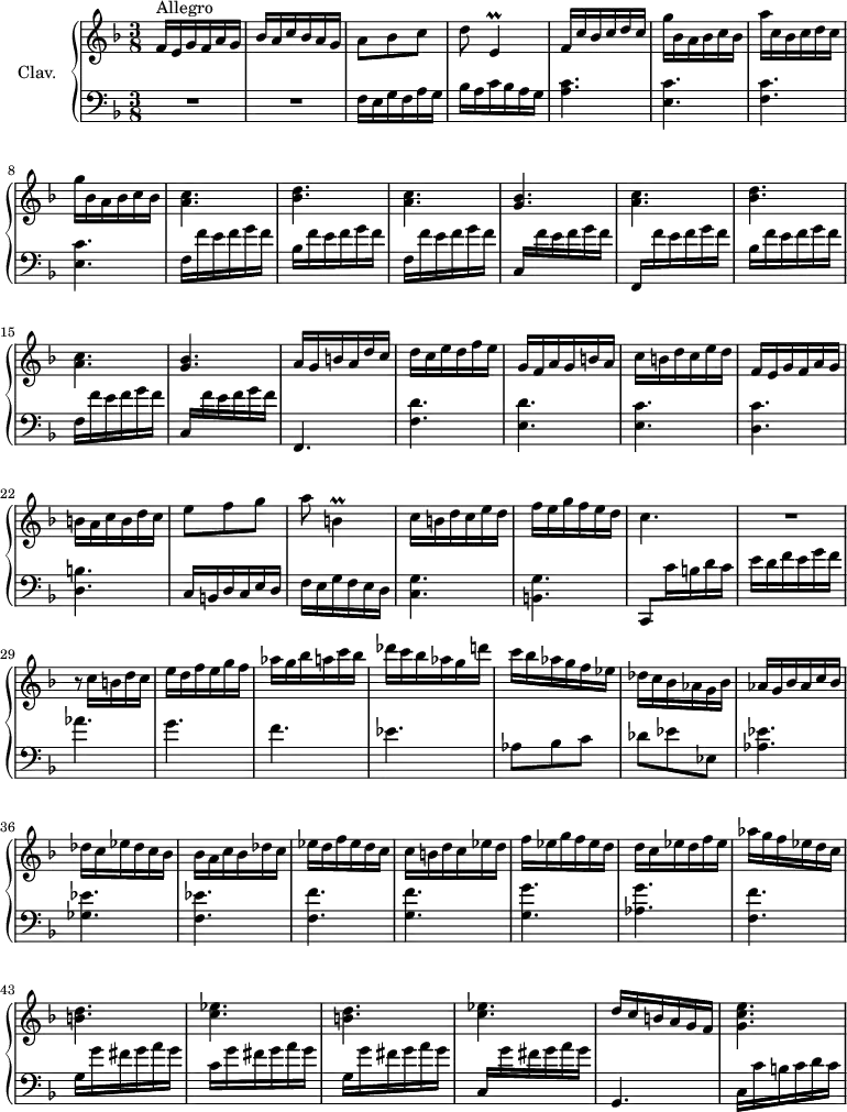 
\version "2.18.2"
\header {
  tagline = ##f
  % composer = "Domenico Scarlatti"
  % opus = "K. 349"
  % meter = "Allegro"
}
%% les petites notes
trillEDown     = { \tag #'print { e,4\prall } \tag #'midi { f32 e f e~ e8 } }
trillBDown     = { \tag #'print { b,4\prall } \tag #'midi { c32 b c b~ b8 } }
upper = \relative c'' {
  \clef treble 
  \key f \major
  \time 3/8
  \tempo 4. = 72
      s8*0^\markup{Allegro}
      f,16 e g f a g | bes a c bes a g | a8 bes c | d \trillEDown | f16 c' bes c d c | g' bes, a bes c bes |
      % ms. 7
      a'16 c, bes c d c | g' bes, a bes c bes | \repeat unfold 2 { < a c >4. < bes d > < a c >
      % ms. 16
       < g bes >4. } | a16 g b! a d c | d c e d f e | g, f a g b a | c b d c e d | 
      % ms. 21
      f,16 e g f a g | b a c b d c | e8 f g  | a \trillBDown | c16 b d c e d | f e g f e d | c4. |
      % ms. 28
      R4. | r8 c16 b d c | e d f e g f | aes g bes a c bes | des c bes aes g d' | c bes aes g f ees | des c bes aes g bes |
      % ms. 35
      aes16 g bes aes c bes | des c ees des c bes | bes a c bes des c | ees d f ees d c | c b d c ees d | f ees g f ees d | d c ees d f ees |
      % ms. 42
      aes16 g f ees  d c | \repeat unfold 2 { < b d >4.  < c ees > } | d16 c b a g f | < g c e >4. 
}
lower = \relative c' {
  \clef bass
  \key f \major
  \time 3/8
    % ************************************** \appoggiatura a16  \repeat unfold 2 {  } \times 2/3 { }   \omit TupletNumber 
      R4.*2 | f,16 e g f a g | bes a c bes a g | < a c >4. < e c' >
      % ms. 7
      < f c' >4. < e c' > | f16 f' e f g f | bes, f' e f g f | f, f' e f g f \stemUp | c, \stemNeutral  f' e f g f \stemUp | f,, \stemNeutral  f'' e f g f |
      % ms. 14
      bes, f' e f g f | f, f' e f g f \stemUp | c, \stemNeutral f' e f g f | f,,4. | < f' d' > < e d' > < e c' > |
      % ms. 21
      < d c' >4. < d b' > | c16 b d c e d | f e g f e d | < c g' >4. < b g' > \stemUp | c,8 \stemDown c''16 b d c |
      % ms. 28
      e16 d f e g f | aes4. g f ees | aes,8 bes c | des ees ees, |
      % ms. 35
      < aes ees' >4.  < ges ees' > < f ees' > < f f' > < g f' > < g g' > < aes g' >
      % ms. 42
      < f f' >4. g16 g' fis g a g | c, g' fis g a g | g, g' fis g a g \stemUp | c,, \stemNeutral  g'' fis g a g | g,,4. | c16 c' b c d c |
}
thePianoStaff = \new PianoStaff <<
    \set PianoStaff.instrumentName = #"Clav."
    \new Staff = "upper" \upper
    \new Staff = "lower" \lower
  >>
\score {
  \keepWithTag #'print \thePianoStaff
  \layout {
      #(layout-set-staff-size 17)
    \context {
      \Score
     \override TupletBracket.bracket-visibility = ##f
     \override SpacingSpanner.common-shortest-duration = #(ly:make-moment 1/2)
      \remove "Metronome_mark_engraver"
    }
  }
}
\score {
  \keepWithTag #'midi \thePianoStaff
  \midi { \set Staff.midiInstrument = #"harpsichord" }
}
