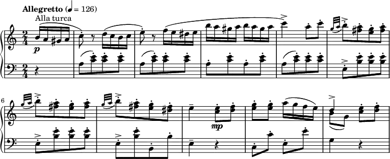 
\new PianoStaff
<<
  \new Staff = "right" \with {
    midiInstrument = "acoustic grand"
  }  \relative c'' {
    \key a \minor
    \numericTimeSignature
    \time 2/4
    \partial 4
    \tempo "Allegretto" 4=126
    b16(\p^\markup { Alla turca } a gis a
    c8-.) r d16( c b c
    e8-.) r f16( e dis e
    b' a gis a b a gis a
    c4->) a8-. c-.
    \appoggiatura { g32[ a] } b8-.->[ <a fis>-. <g e>-. <a fis>-.]
    \appoggiatura { g32[ a] } b8-.->[ <a fis>-. <g e>-. <a fis>-.]
    \appoggiatura { g32[ a] } b8-.->[ <a fis>-. <g e>-. <fis dis>-.]
    e4--
    \bar ":|:"
    <c e>8-.\mp <d f>-.
    <e g>-. <e g>-. a16( g f e)
    << {d4->} \\ {b8( g)} >> <c e>8-. <d f>-.
  }
  \new Staff = "left" \with {
    midiInstrument = "acoustic grand"
  } {
    \clef bass \relative c' {
      \key a \minor
      \numericTimeSignature
      \time 2/4
      \partial 4
      \tempo "Allegretto" 4=126
      r4
      a8[( <c e>)-. <c e>-. <c e>-.]
      a[( <c e>)-. <c e>-. <c e>-.]
      a[-. <c e>-. a-. <c e>-.]
      a[( <c e>)-. <c e>-. <c e>-.]
      e,-.->[ <b' e>-. <b e>-. <b e>-.]
      e,-.->[ <b' e>-. <b e>-. <b e>-.]
      e,-.->[ <b' e>-. b,-. b'-.]
      e,4--
      \bar ":|:"
      r4
      c8-. c'-. e,-. e'-.
      g,4 r
  } }
>>
