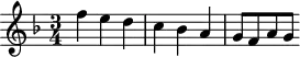 
\header {
  tagline = ##f
}
\score {
  \new Staff \with {
  }
<<
  \relative c'' {
    \key f \major
    \time 3/4
    \override TupletBracket #'bracket-visibility = ##f 
    \autoBeamOff
     %%%%%%%%%%%%%%%%%%%%%%%%%% 1d
     f4 e d c bes a g8[ f a g]
  }
>>
  \layout {
    \context {
      \remove "Metronome_mark_engraver"
    }
  }
  \midi {}
}
