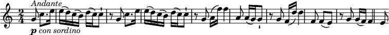 
\relative c' {
  \version "2.18.2"
  \key c \major
  \time 2/4 
  \partial 4. g'8^\markup { \italic Andante }_\markup { \dynamic p  \hspace #0.1  \italic { con sordino } }
   c8. e16 e (d) c (b)
   d (c) c8-! r8 g8
   c8. e16 e (d) c (b)
   d (c) c8-! r8 g8
   a16 (f') f4 a,8
   a16 (g) g8-! r8 g
   f16 (d') d4 f,8
   f (e) r8 g
   g16 (f) f4 e8
}
