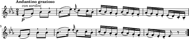 
\relative c'' {
  \version "2.18.2"
  \key ees \major 
  \tempo "Andantino grazioso"
  \time 2/4
  \tempo 4 = 60
    ees,8\p^\markup { \italic { con sordini } } (g) bes-! bes-!
    bes8. (ees16) \grace ees32 ( d8) c16-. bes-. 
    c (bes) aes-. g-. bes (aes) g-. f-.
    aes (g) f-. ees-. ees (d) c-. bes-.
    ees8 (g) bes-! bes-!
    bes8. (ees16) \grace ees32 ( d8) c16-. bes-.
    c (bes) aes-. g-. bes (aes) g-. f-.
    g (f) ees-. d-. ees8 r8  \bar ":|."
}
