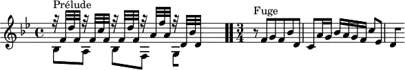 
\version "2.18.2"
\header {
  tagline = ##f
}
\score {
  \new Staff \with {
  }
<<
  \relative c' {
    \key bes \major
    \time 4/4
	\set Staff.midiInstrument = #"harpsichord" 
     %% INCIPIT CBT I-21, BWV 866, si-bémol majeur
     << { r32^\markup{Prélude} f d' f, r32 f c' f, r32 f d' f, r32 a f' a, r32 d,[ bes' d,] } \\ { bes8 a bes[ f] \once \override Staff.TimeSignature #'stencil = ##f \time 2/8
{ 
 % suppression des warnings :
 #(ly:set-option 'warning-as-error #f)
 #(ly:expect-warning (_ "stem does not fit in beam")) %% <= à traduire éventuellement
 #(ly:expect-warning (_ "beam was started here")) %% <= à traduire éventuellement
  \set stemRightBeamCount = #1
  g4*1/2[ s]
}
 } >> \bar ".."
     \time 3/4 \partial 2.
     r8^\markup{Fuge} f'8 g f bes d, c a'16 g bes a g f c'8 ees, 
{ 
 % suppression des warnings :
 #(ly:set-option 'warning-as-error #f)
 #(ly:expect-warning (_ "stem does not fit in beam")) %% <= à traduire éventuellement
 #(ly:expect-warning (_ "beam was started here")) %% <= à traduire éventuellement
  \set stemRightBeamCount = #1
  d4*1/2[ s]
} 
  }
>>
  \layout {
     \context { \Score \remove "Metronome_mark_engraver" 
     \override SpacingSpanner.common-shortest-duration = #(ly:make-moment 1/2) 
}
  }
  \midi {}
}
