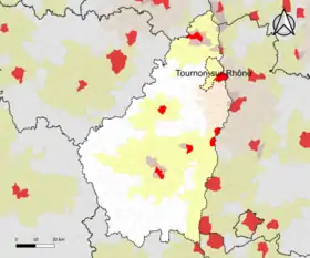 Localisation de l'aire d'attraction de Tournon-sur-Rhône dans le département de l'Ardèche.