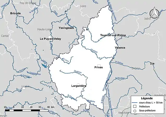 Carte des cours d'eau de longueur supérieure à 50 km de l'Ardèche.