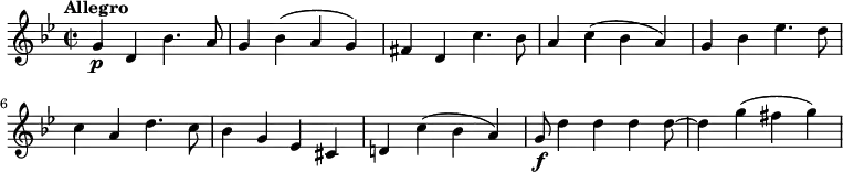 
\relative c'' {
     \version "2.18.2"
     \key bes \major
     \tempo "Allegro"
     \time 2/2
    g4 \p d bes'4. a8
    g4 bes (a g)
    fis d c'4. bes8
    a4 c (bes a)
    g bes ees4. d8
    c4 a d4. c8
    bes4 g ees cis
    d! c' (bes a)
    g8\f d'4 d d d8~ d4 g (fis g)
  }
