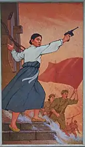 Affiche montrant une femme en costume traditionnel coréen avec un pistolet à la main droite, des soldats sont visible dans le fond.