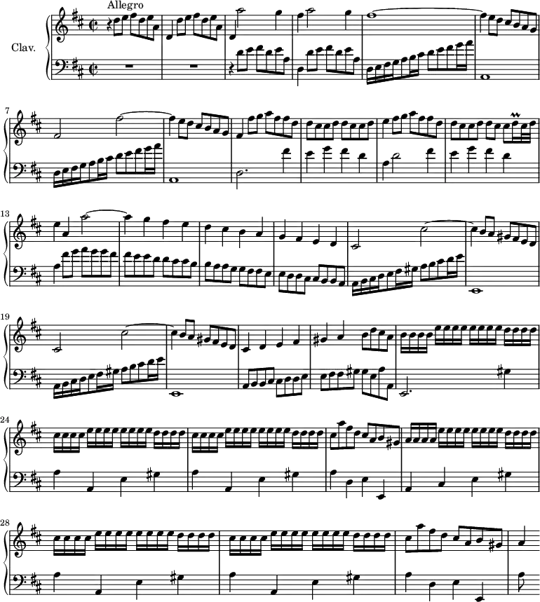 
\version "2.18.2"
\header {
  tagline = ##f
  % composer = "Domenico Scarlatti"
  % opus = "K. 298"
  % meter = "Allegro"
}
%% les petites notes
trillDqq     = { \tag #'print { d16\prall } \tag #'midi { \times 2/3 { d32 e d } } }
upper = \relative c'' {
  \clef treble 
  \key d \major
  \time 2/2
  \tempo 2 = 70
  \set Staff.midiInstrument = #"harpsichord"
  \override TupletBracket.bracket-visibility = ##f
      s8*0^\markup{Allegro}
      r4 \repeat unfold 2 { d8 e fis d e a, | d,4 } a''2 g4 | fis a2 g4 |
      % ms. 5
      fis1~ | fis4 e8 d cis b a g | fis2 fis'~ | fis4 e8 d cis b a g |
      % ms. 9
       fis4 fis'8 g a fis fis d | d cis cis d d cis cis d | e4 fis8 g a fis fis d | d cis cis d d cis cis \trillDqq cis32 d | e4 a, a'2~ |
      % ms. 14
      a4 g fis e | d cis b a | g fis e d | cis2 cis'~ |
      % ms. 18
      cis4 b8 a gis fis e d | cis2 cis'~ | cis4 b8 a gis fis e d | cis4  d e fis |
      % ms. 22
      gis4 a b8 d cis a | b16 b b b \repeat unfold 2 { e16[ e e e] } d16 d d d | \repeat unfold 2 { cis16 cis cis cis \repeat unfold 2 { e16[ e e e] } d16 d d d }
      % ms. 26
      cis8 a' fis d cis a b gis | a16 a a a \repeat unfold 2 { e'16[ e e e] } d16 d d d
      % ms. 28
      \repeat unfold 2 { cis16 cis cis cis \repeat unfold 2 { e16[ e e e] } d16 d d d } | cis8 a' fis d cis a b gis | 
      % ms. 31
      a4
}
lower = \relative c' {
  \clef bass
  \key d \major
  \time 2/2
  \set Staff.midiInstrument = #"harpsichord"
  \override TupletBracket.bracket-visibility = ##f
    % ************************************** \appoggiatura a16  \repeat unfold 2 {  } \times 2/3 { }   \omit TupletNumber 
      R1*2 | r4 d8 e fis d e a, | d,4 d'8 e fis d e a, | 
      % ms. 5
      \repeat unfold 2 { d,16 e fis g a8 b16 cis d8 e fis g16 a | a,,1 } | 
      % ms. 9
      d2. fis'4 | e g fis d | a d2 fis4 | e g fis d | a fis'8 g a g g fis |
      % ms. 14
      fis8 e e d d cis cis b | b a a g g fis fis e | e d d cis cis b b a | \repeat unfold 2 { a16 b cis d e8 fis16 gis a8 b cis d16 e |
      % ms. 18 et 21
      e,,1 } | a8 b b cis cis  d d e |
      % ms. 22
      e8 fis fis gis gis e a a, | e2. \repeat unfold 2 { gis'4 | a a, e' } gis |
      % ms. 26
      a4 d, e e, | a cis e gis |
      % ms. 28
      \repeat unfold 2 { a4 a, e' gis } | a d, e e, | 
      % ms. 31
      a'8 s8
}
thePianoStaff = \new PianoStaff <<
    \set PianoStaff.instrumentName = #"Clav."
    \new Staff = "upper" \upper
    \new Staff = "lower" \lower
  >>
\score {
  \keepWithTag #'print \thePianoStaff
  \layout {
      #(layout-set-staff-size 17)
    \context {
      \Score
     \override SpacingSpanner.common-shortest-duration = #(ly:make-moment 1/2)
      \remove "Metronome_mark_engraver"
    }
  }
}
\score {
  \keepWithTag #'midi \thePianoStaff
  \midi { }
}
